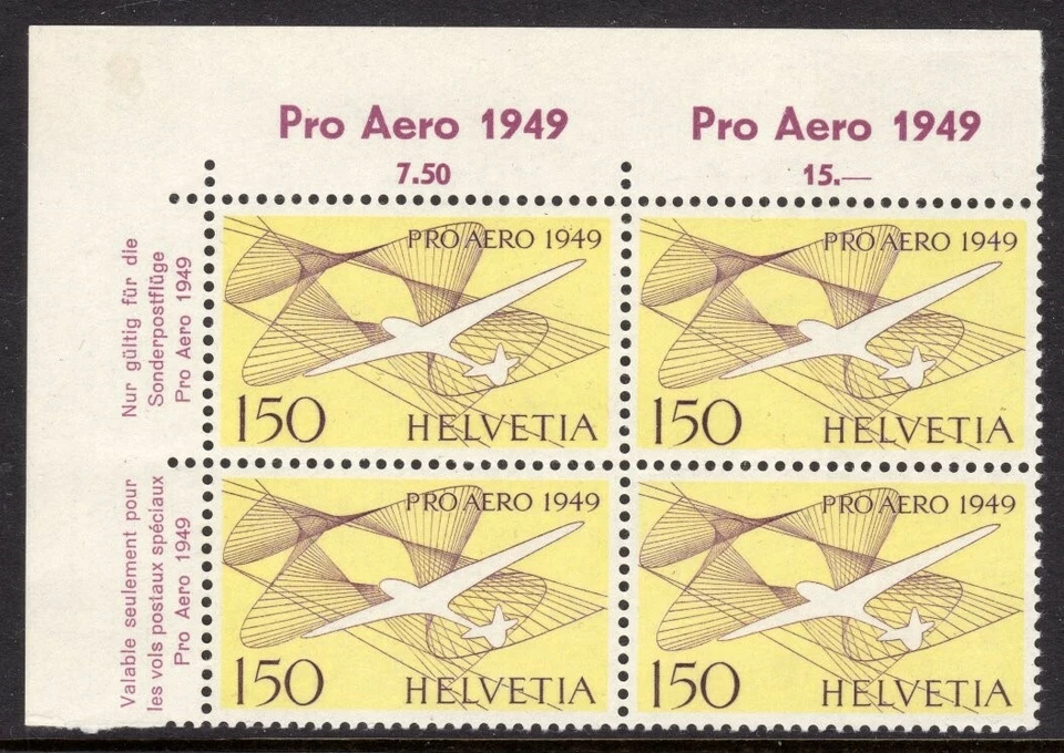 Suiza Scott #C45 VF MNH 1949 Avance de la Aviación Nacional Bloque de 4 Foto 1 de 1