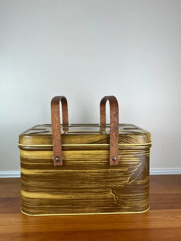 Vintage Faux Wood Metal Tin Litho Picnic Basket with Oak Handles NATIONAL CAN Cover