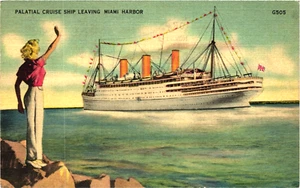 Miami FL Postcard Woman Waving to Cruise Ship Leaving Miami Harbor Union Jack - Picture 1 of 2