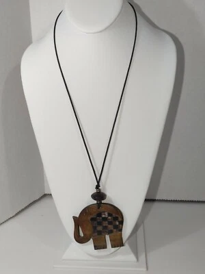 Lucky Wooden Elephant Checkered Body On Adjustable Black Cord - Image 1 of 4