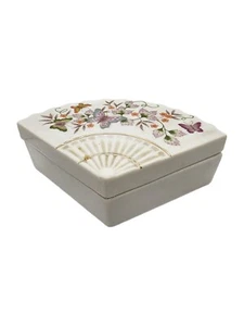 Vintage Porcelain Trinket Box Avon Fan Shape Butterflies 1980 - Picture 1 of 5