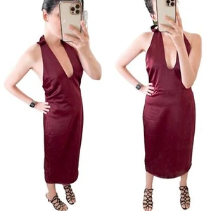 NWT JASON WU Satin Halter Neck Slip Midi Sheath Dress Burgundy Medium - Picture 1 of 10