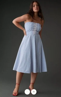 Anthropologie Maeve Strapless Circle Skirt Blue Striped Dress Sz Large - Image 1 of 4