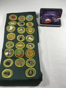 1955-1969 Eagle Scout Robbins 4 Sterling Medal 23 Merit Badge Sash Explorer GRN - Picture 1 of 20