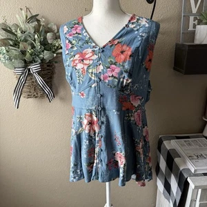 Torrid Woman’s Plus Blue Floral Button-Down Sleeveless Top Blouse 2X - Picture 1 of 14