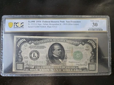 Fr.2211-L 1934 $1000 DOLLAR FEDERAL RESERVE NOTE San Francisco, PCGS 30 - Image 1 of 4