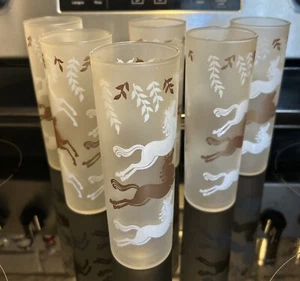 Libbey Cavalcade Horses Tom Collins Frosted Glasses Tumblers 7" Tall Set Of 6 - Picture 1 of 5