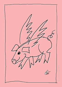 JACQUELINE DITT - Flying Luck Pig ltd.sign.Grafik ger.13x18 cm Glücksschwein - Bild 1 von 3