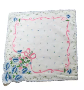 Vintage Taschentuch blau Blumenstrauß rosa Band gewellter Rand 12" Taschentuch - Bild 1 von 3