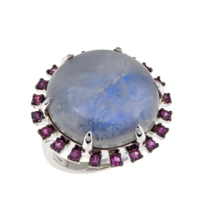 Rarities Sterling Silver Rainbow Moonstone & Pink Sapphire Ring Size 8 - Image 1 of 4