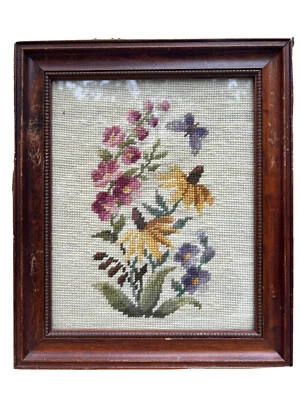 Antique Needlework In Wool Wildflowers Butterfly Tapestry Style Piece Framed - Image 1 of 4