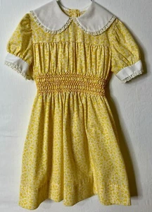 Polly Flinders Vintage Hand Smocked Dress Lace Yellow White Floral Girls Size 10 - Picture 1 of 9