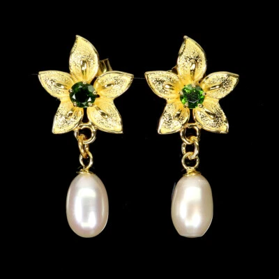 925 Sterling Silver Earrings Round Chrome Diopside Pearl Natural Gemstone Jewelr - Image 1 of 4