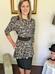 80’s Vintage Black Floral  Peplum Dress “NWT” - Picture 1 of 12
