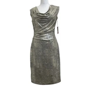 Vestido midi de cóctel Vince Camuto metálico dorado capucha cuello drapeado talla 8 noche glamour - Imagen 1 de 13