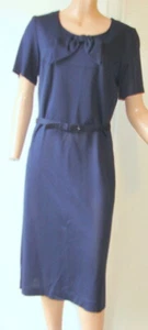 Vintage NAVY BLUE DAY DRESS w/Belt & Bow Double-Knit Poly Sz 16-1/2 d1-7 - Picture 1 of 9