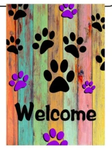 "Welcome" Paws Rustic Wooden Wall Design House/Garden Flag w/Flag Pole Stand - Picture 1 of 4