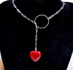 Red Heart Lariat Necklace Paperclip Chain Necklace Large Heart Pendant - Picture 1 of 8