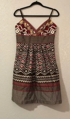 A.N.A. Size 12 Women Brown Red Tribal Striped Sundress Spaghetti Strap Geometric Foto 1 de 4