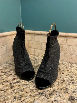 NINA Womens 7 M Black Sparkle Stretchy Fabric Ankle Bootie Peep Toe Heels Shoes - Image 1 of 4