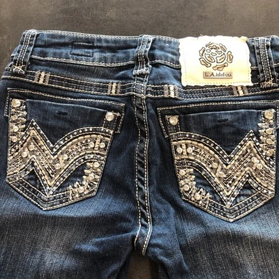 LA Idol Jeans Thick Stitch Bling Rhinestone L.A. Idol Lowrise Y2K Skinny 3 28 - Image 1 of 4