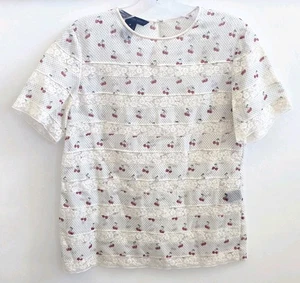 Marc By Marc Jacobs Damen Off-White Baumwolle Kirschmuster Spitzenbesatz Bluse Größe 2 - Bild 1 von 8