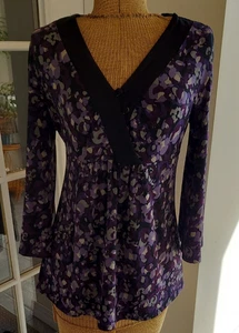 Vintage 90s Notations Damen Multicolor Print V-Ausschnitt Langarm Tunika Bluse M - Bild 1 von 4