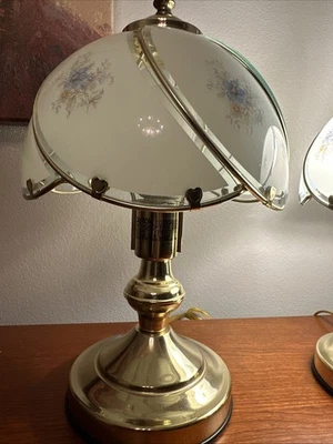 Vintage SET Brass Tone 3-Way Touch Lamp w/Blue Floral Glass Panels Tested/Work! - Image 1 of 4