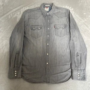 Levi's Denim Shirt Mens Grey Size Large Slim Sawtooth Pockets Pearl Snap Western - Picture 1 of 13