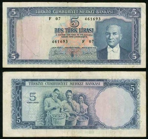 L. 1930 Turkey Central bank Currency Five Liras Banknote Kamal Ataturk Pick# 173 - Picture 1 of 3
