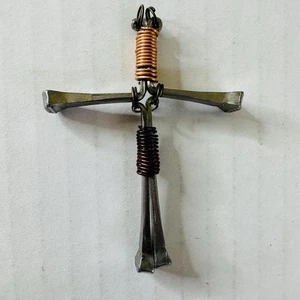 VTG Steel Nail Cross Copper Wire Wrap 3x2” Religion Christian Pendant Hand Craft - Picture 1 of 8
