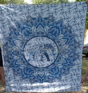 EUC Boho-Blue Elephant Mandala Tapestry India 100% Cotton Wall Hanging Decor - Picture 1 of 9