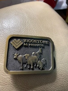Vintage Belt Buckle by Spec Cast 1984 Vigortone AG Agriculture Feed Cow Horse - Picture 1 of 2
