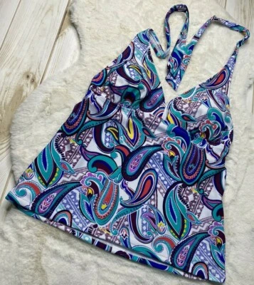 CATALINA Mujer M 8-10 Tankini Top de Natación Halter Blanco Azul Teal Púrpura Cachemira Foto 1 de 4