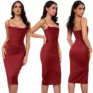 Vestido midi corsé satinado House of CB London Anja en vino talla XS de EE. UU. - Imagen 1 de 8