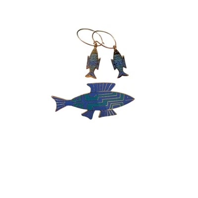 Laurel Burch Enamel Fish Hoop Earrings and Brooch Jewelry Set - Image 1 of 4