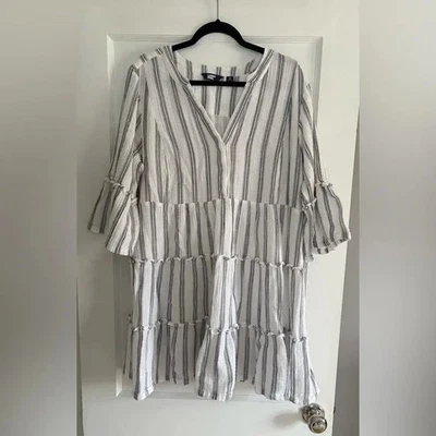 Vestido feminino Lands' End listrado branco e azul gola V tamanho 2X - Imagem 1 de 4