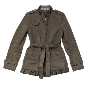 Banana Republic Womens Belted Ruffle Military Jacket Green M Field Trench Coat - Picture 1 of 18