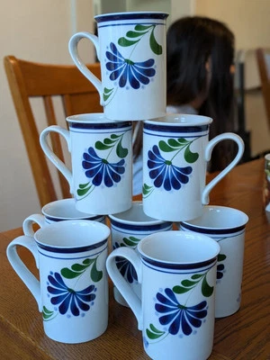 8 винтажных кофейных кружек Dansk Sage Song 10 унций синий цветок зеленые листья б/у в отличном состоянии - Изображение 1 из 4