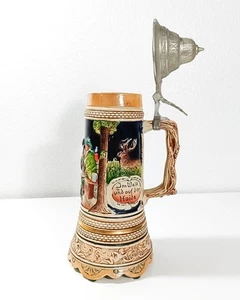 Vintage handbemalter deutscher Bierstein mit Spieluhr Schweizer Uhrwerk - 11" - Bild 1 von 8