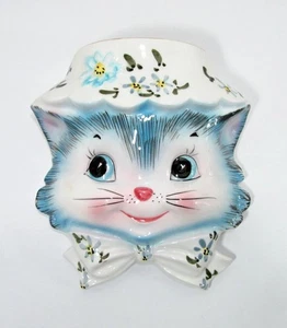 Vintage Lefton Miss Priss 1509 Blue Kitty Cat Face Wall Pocket Planter Japan - Picture 1 of 17