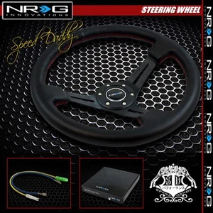 NRG REINFORCED 350MM 3"DEEP DISH BLACK LEATHER GRIP RED STITCH STEERING WHEEL - Picture 1 of 1