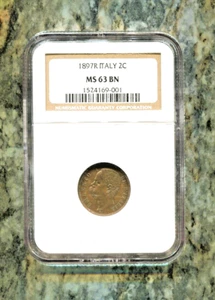 ITALY - SPECTACULAR 2 CENTESIMI, 1897 R, NGC GRADED MS 63 BN, KM# 30 - Picture 1 of 2