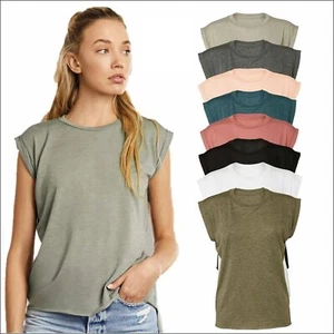 Bella+Canvas Ladies Flowy Muscle T-Shirt Loose Rolled Cuff Tee Casual Tank TOP - Picture 1 of 23