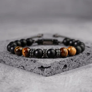 Triple Protection Natural Tiger Eye Black Onyx Stone Braided Warp Men's Bracelet - Picture 1 of 3