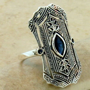 ART DECO STYLE GENUINE SAPPHIRE 925 STERLING SILVER CLASSIC DESIGN RING    1093X - Picture 1 of 3