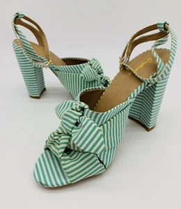 Qupid Womens Size 8 Striped Bow Buckle Ankle Strap Canvas Retro Block Heel - Picture 1 of 6