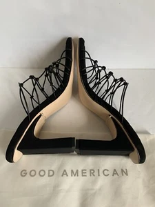 Good American Women’s Shoes Sz 5 Black Mule Block String Caged Neoprene 3” Heels - Picture 1 of 9