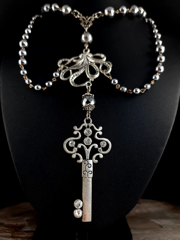 Kette Silber Schlüssel XXL Kraken Oktopus Collier Hämatit Gothic Fantasy - Bild 1 von 4