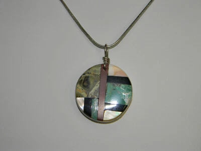 Colgante Intarsia en Collar 925 Jaspe Turquesa MOP Shell Firmado BC Foto 1 de 4